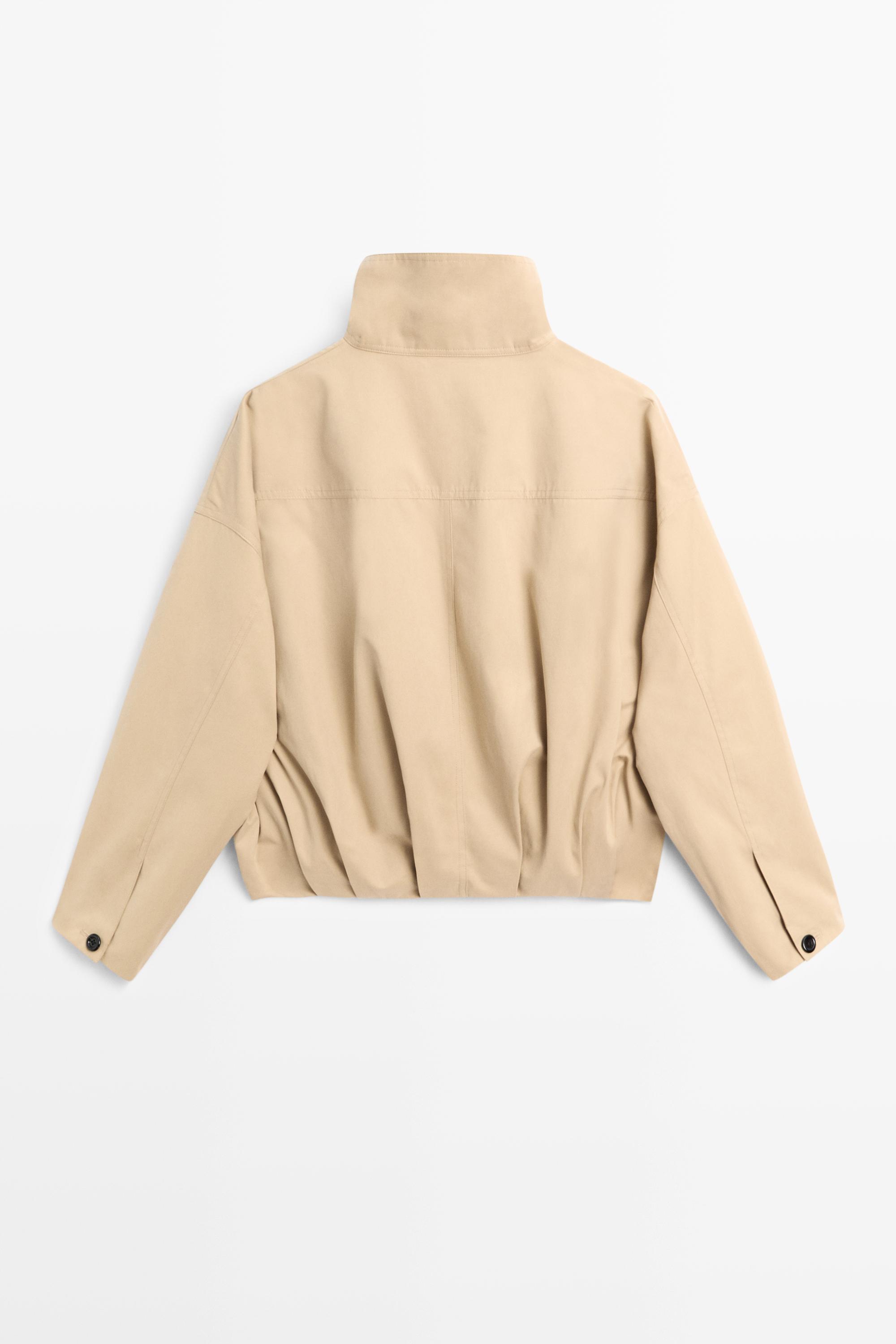 Pleated stand-collar bomber jacket